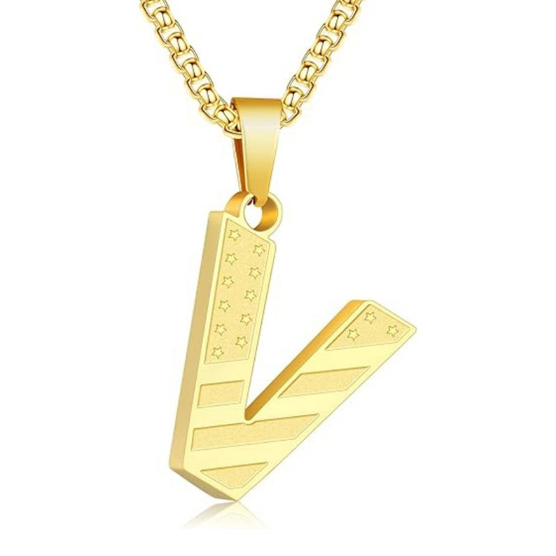 14K Gold Plated American Flag Initial Pendant Necklace for Men