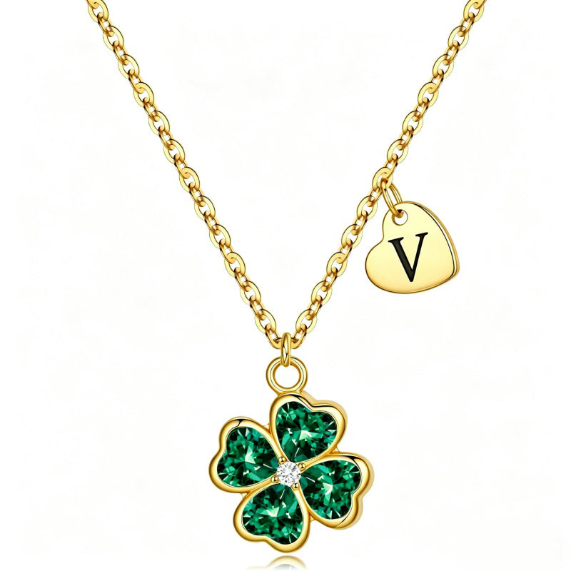14K Gold Plated Initial Four Leaf Clover Pendant Necklace
