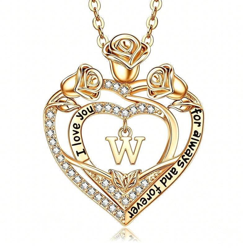 14K Gold Plated Rose Heart Initial Necklace Engraved with I Love You for Always and Forever  for Women