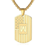 14K Gold Plated Initial A-Z American Flag Dog Tag Necklace for Men