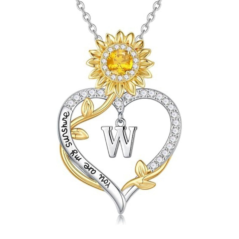 14K Gold Plated Initial Sunflower Pendant Necklace Engraved with You Are My Sunshine