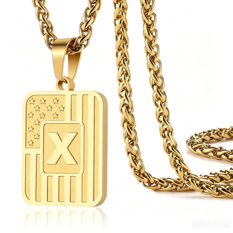 14K Gold Plated  American Flag Initial A-Z Pendant Necklace for Men