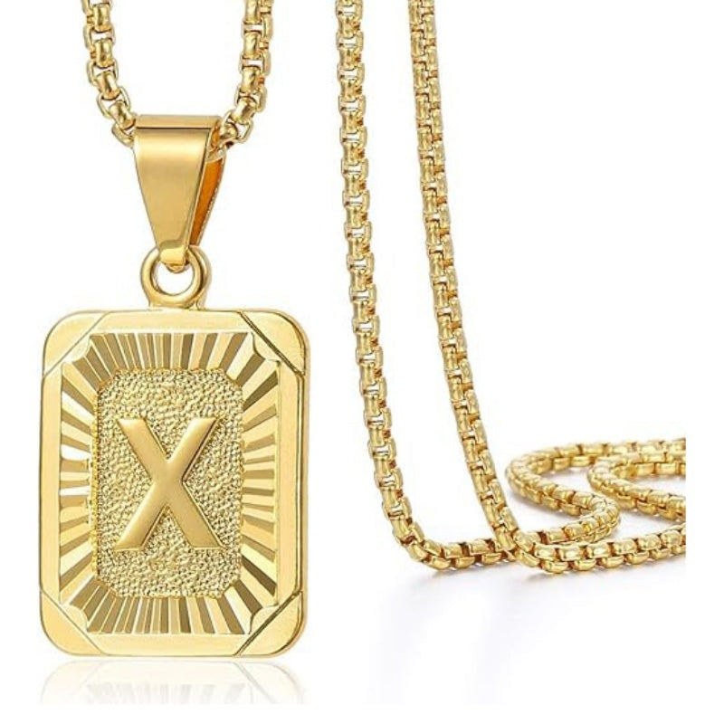14K Gold Plated  Initial A-Z Letter Pendant Necklace Stainless Steel Box Chain 24inch
