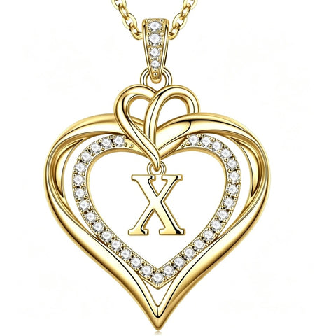 14K Gold Plated Initial Double Heart Pendant Necklace Anniversary Birthday Gifts for Women