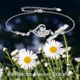 Sterling Silver Birth Month Flower Birthstone Bracelet Anklet Flower Gifts Personalized Heart Floral Jewelry Birthday Gift