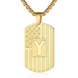 14K Gold Plated Initial A-Z American Flag Dog Tag Necklace for Men