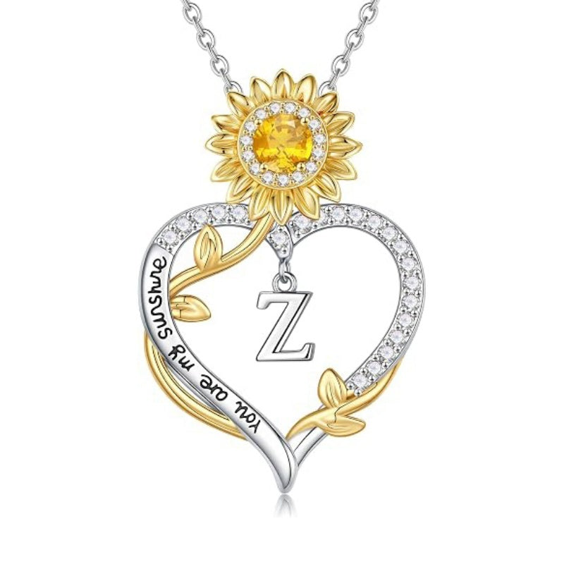 14K Gold Plated Initial Sunflower Pendant Necklace Engraved with You Are My Sunshine