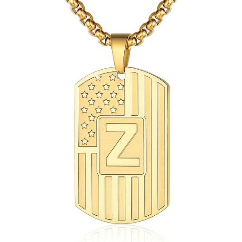 14K Gold Plated Initial A-Z American Flag Dog Tag Necklace for Men