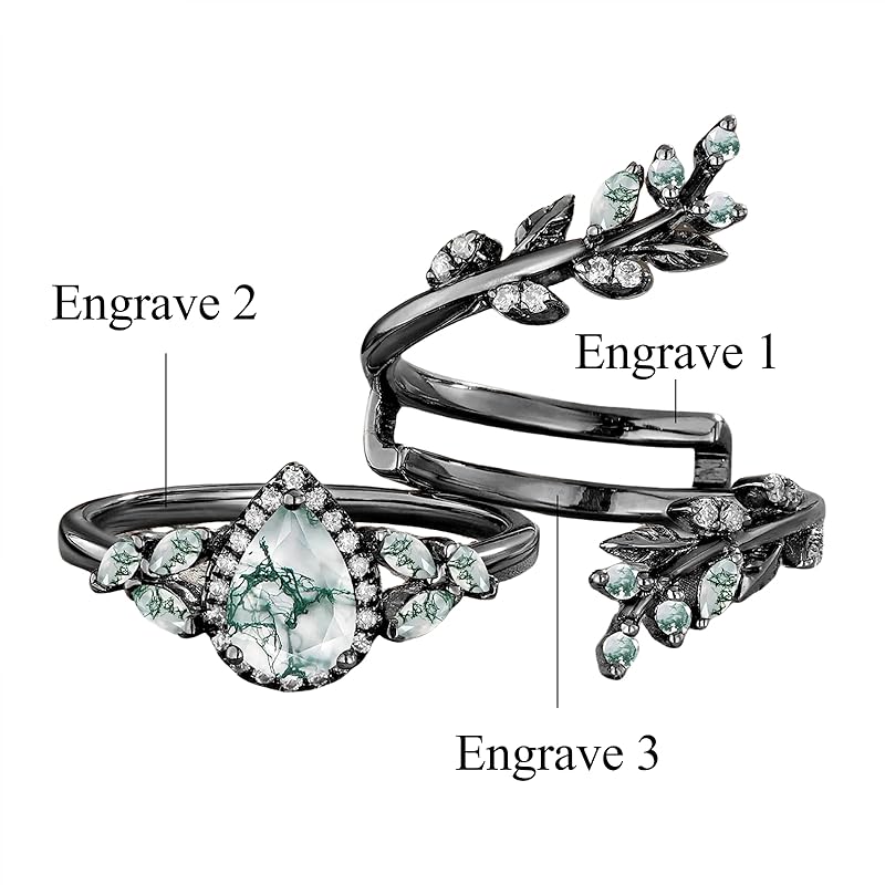 Sterling Silver 10K 14K 18K Gold 2CT Moss Agate Vine Leaf Women's Bridal Ring Sets for Wedding Engagement