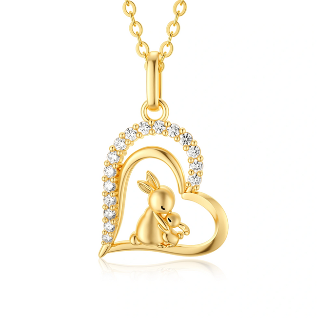 Real 14K Gold Rabbit Heart Necklace Animal Lovers Pendant Rabbit Mother Daughter Jewelry