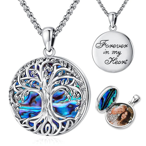 Tree of Life Locket Necklace Sterling Silver Abalone Shell Family Tree of Life Jewelry for Women Men( can hold 1 photo)