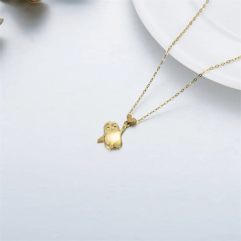 14K Gold Penguin with Heart Pendant Necklace
