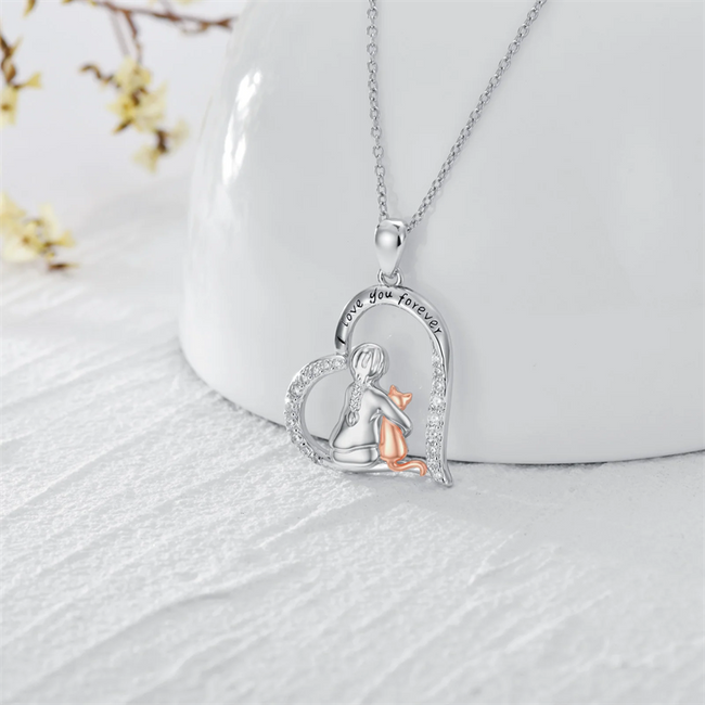 925 Sterling Silver Cat and Girl Necklace Cat Jewelry Gifts for Women Men Cat Lovers for Valentine's Day Birthday