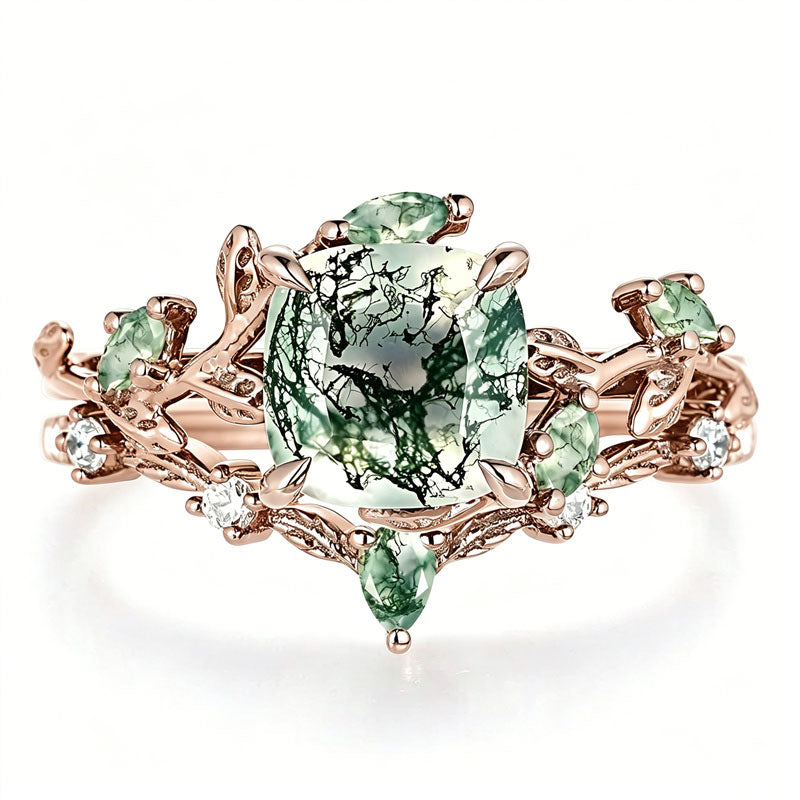 Sterling Silver 10K 14K 18K Gold 2CT Moss Agate Vine Leaf Women's Bridal Ring Sets for Wedding Engagement