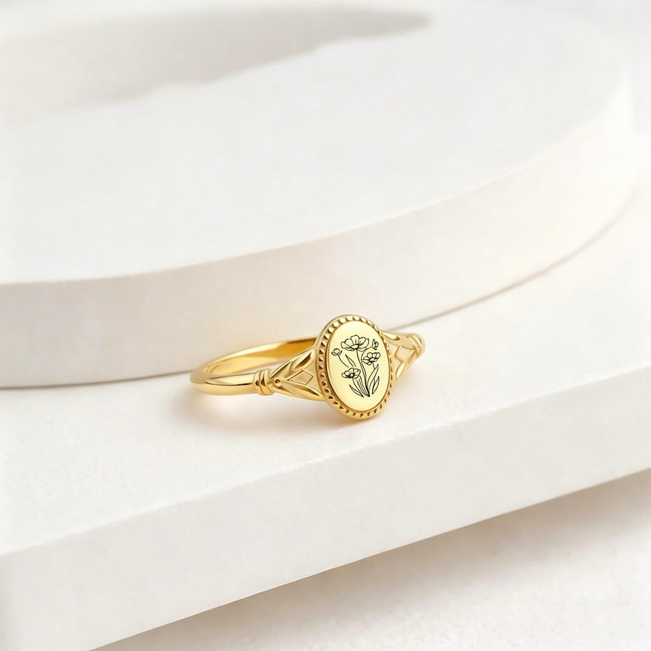 925 Sterling Silver Birth Flower Ring Vintage Flower Signet Ring Mother's Day Gift