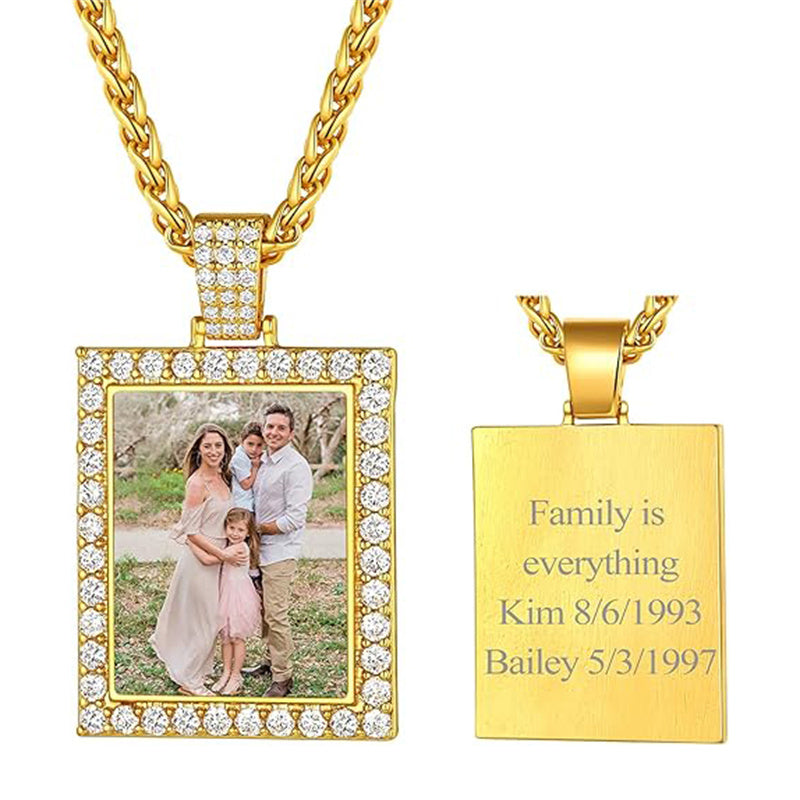 Copper Cubic Zirconia Square Personalized Photo Engraved Pendant Necklace