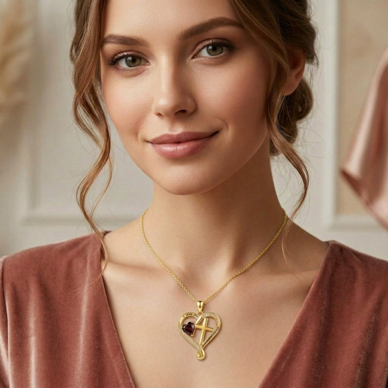 14K Gold Plated Heart  Birthstone Cross Necklace Engraved with I Love You Always and Forever