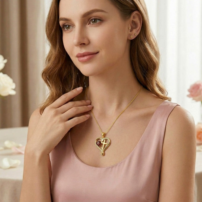 14K Gold Plated Heart  Birthstone Cross Necklace Engraved with I Love You Always and Forever