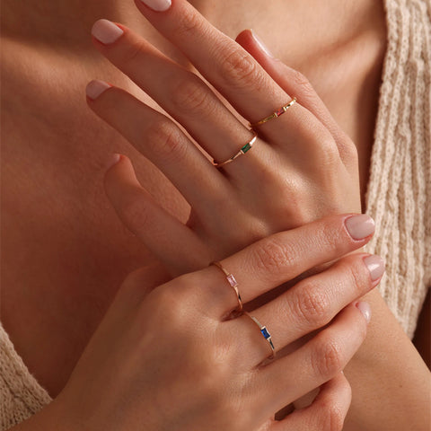 14K Solid Gold Baguette Birthstone Ring