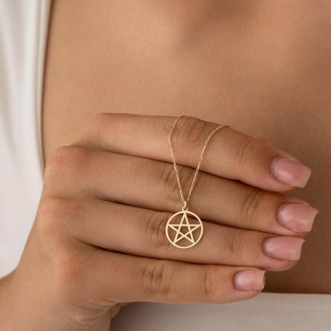 14k Gold Pentagram Necklace  Pentacle Charm • Pentagram Symbol Pendant  Solid Gold Goth Necklace  Geometric Star Necklace  Mystic Symbol