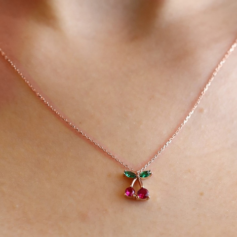 14K Gold Cherry Necklace Tiny Cherry Necklace Valentine's Day Gift Birthday Gift For Women