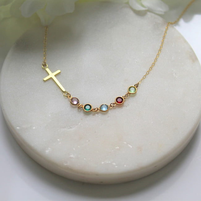 Birthstone Necklace for Mom Family Birthstones, Dainty Cross Necklace, Mother Gift, Family Tree, Grandma Gift