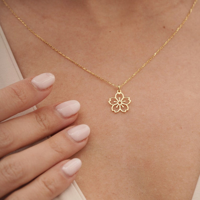 14k Gold Flower Necklace Real Gold Flower Pendant Tiny Cherry Blossom Necklace Dainty Sakura Flower Charm Birth Flower Necklace
