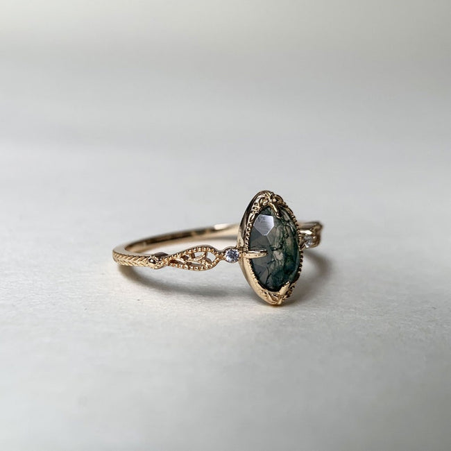Vintage Moss Agate Engagement Ring Gold Unique Oval Green Gemstone Promise Rings Art Deco Anniversary Jewelry gift for Women