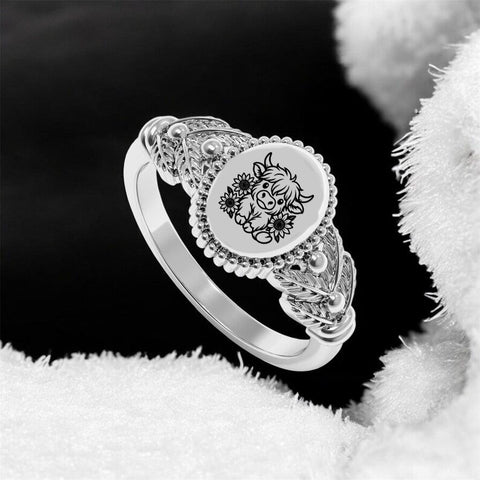 Sterling Silver Highland Cow & Sunflower Ring