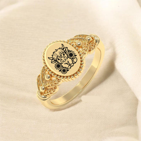 Sterling Silver Highland Cow & Sunflower Ring