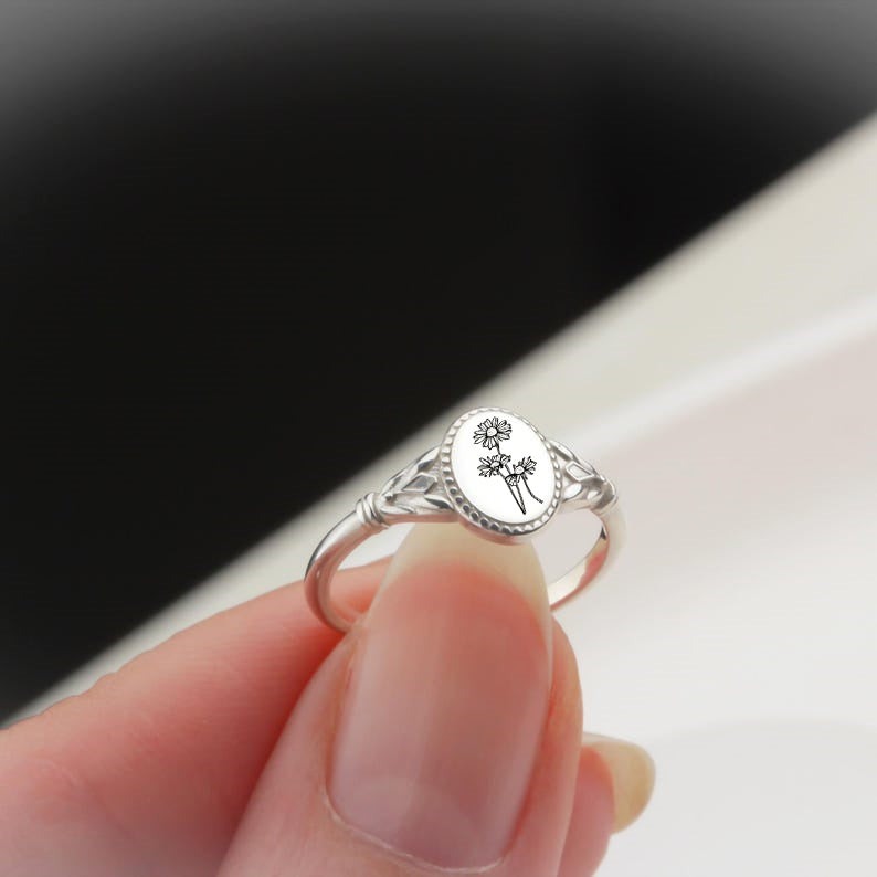 925 Sterling Silver Birth Flower Ring Vintage Flower Signet Ring Mother's Day Gift