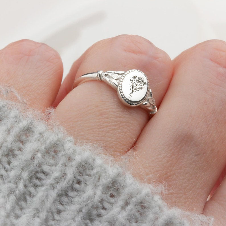 Sterling Silver Personalized Birth Flower Ring for Women