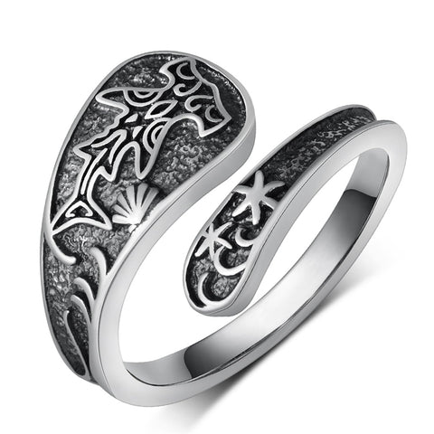 Sterling Silver Adjustable Dragon Moth Octopus Shark Stingray Sea Turtle Spoon Ring