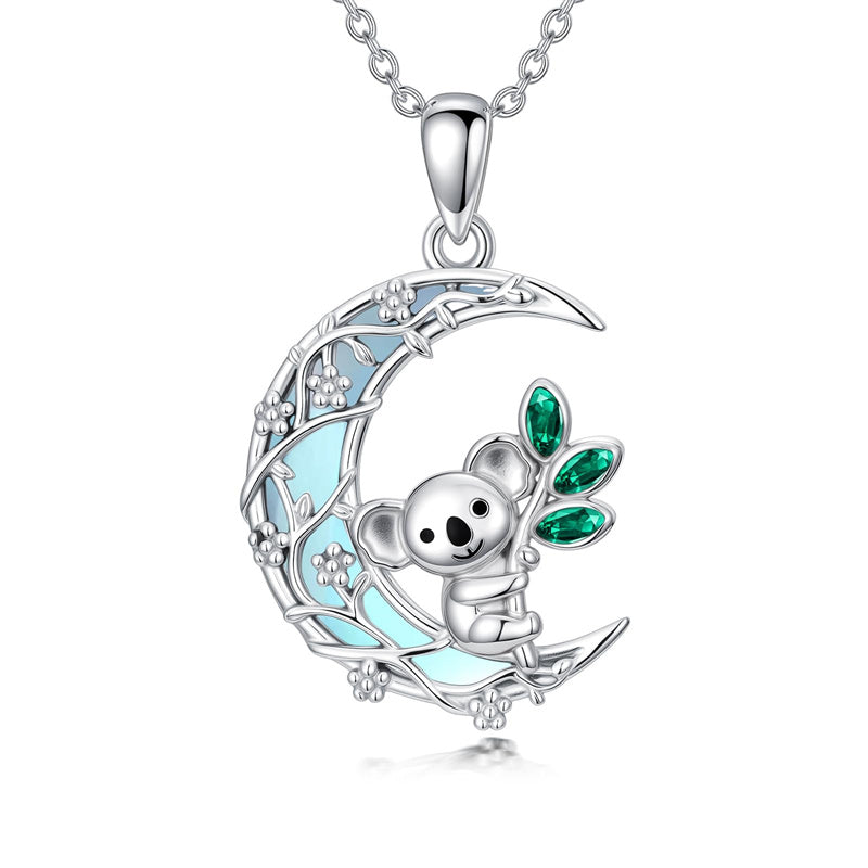 Sterling Silver Moonstone Wolf Cat Koala  Lion Moon Pendant Necklace