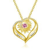 10K 14K 18K Gold Personalized Birthstone Engraved Heart Sunflower Pendant Necklace