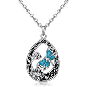 Sterling Silver Turquoise Filigree Lotus Flower Dragonfly Pendant Necklace