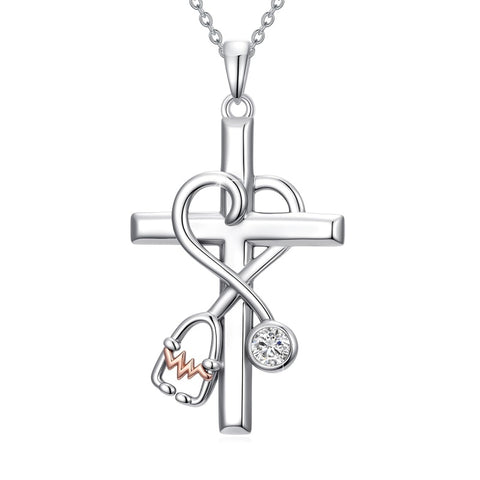 14K Gold Plated  Birthstone Stethoscope Cross Necklace Graduation Gifts for Women RN