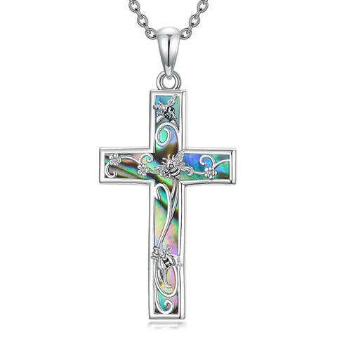 Sterling Silver Abalone Shell Bee Butterfly Dragonfly  Hummingbird Ladybug Cross Pendant Necklace for Women