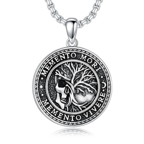 Sterling Silver Memento Mori Gothic Skull Amulet Pendant Necklace for Men