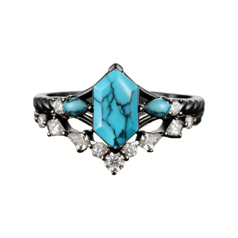 Sterling Silver 10K 14K 18K Gold Turquoise Engagement  Wedding Ring Set for Women