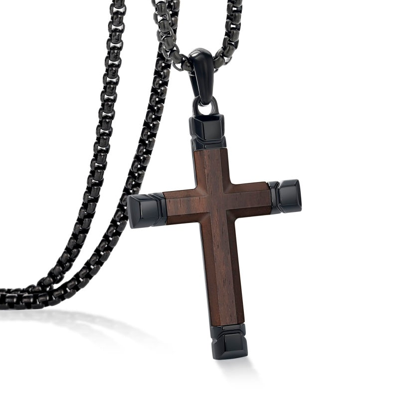 14K Gold  Plated Wooden Cross Crucifix Pendant Necklace for Men