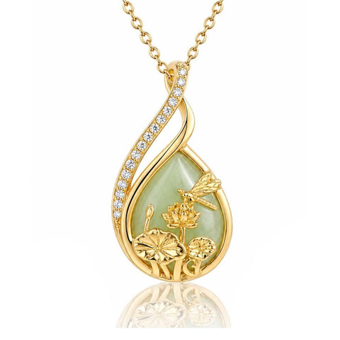 14K Gold Plated Jade Hummingbird Butterfly Dragonfly Turtle Animal Pendant Necklace