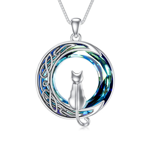 Cat Necklace Sterling Silver Cat on the Moon Pendant Necklace with Blue Circle Crystal Birthday Celtic Jewelry