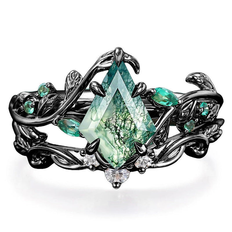 Sterling Silver 10K 14K 18K Gold Vintage Nature Moss Agate Engagement Ring Sets for Women