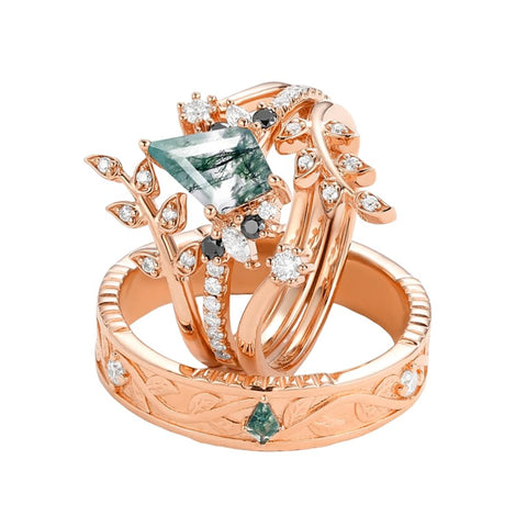 Sterling Silver10K 14K 18K Gold Natural Moss Agate Branch Leafy Couples Rings Set