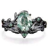 Sterling Silver 10K 14K 18K Gold Vintage Nature Moss Agate Engagement Ring Sets for Women