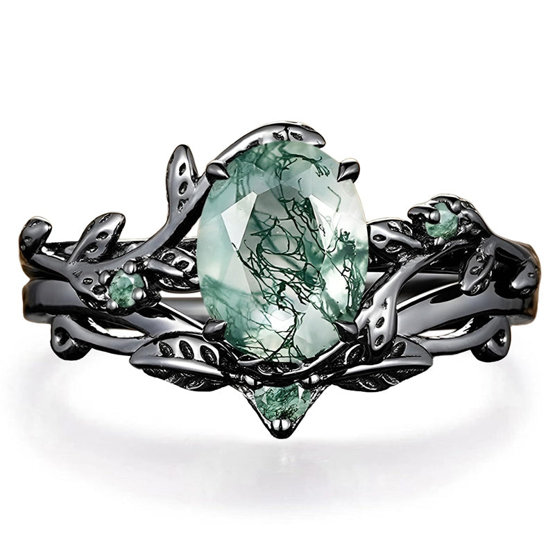 Sterling Silver 10K 14K 18K Gold Vintage Nature Moss Agate Engagement Ring Sets for Women