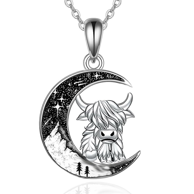 Crescent Moon 2 Cat Bat Black Cat Bunny Fox Highland Cow Horse Pendant Necklace Mother's Day Gift