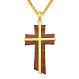 Wood 14K Gold Plated Cross Pendant Necklace