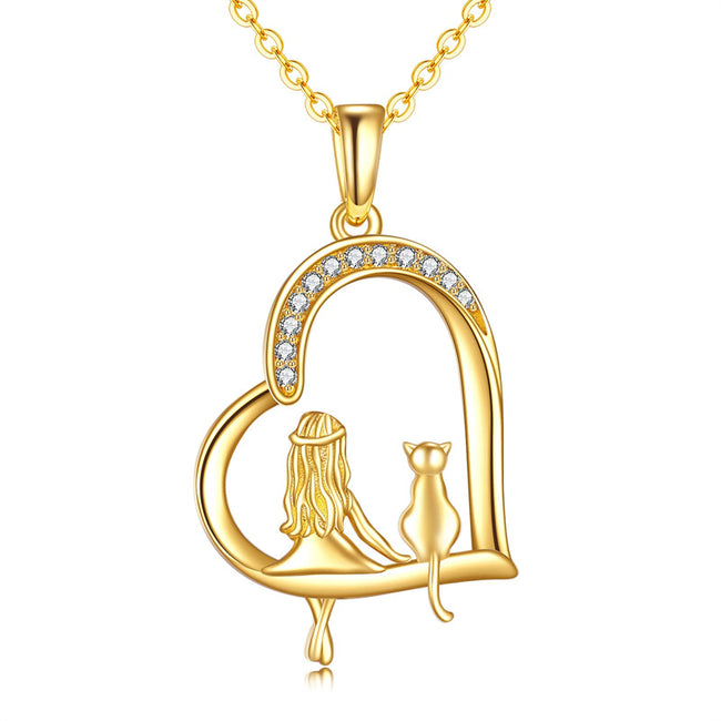 Gold Cat Necklace Yellow Gold Cat and Girl Pendant Necklace Fine Gold Heart Jewelry Gifts for Women Girls Her Mother Daughter Sister Friends Cat lover